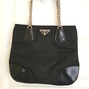 PRADA NYLON SILVER CHAIN BLACK HAND BAG